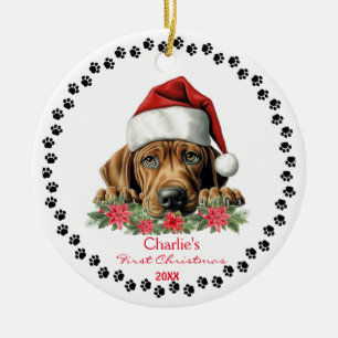 Cute Rhodesian Ridgeback Dog Santa Hat Paw Print Ceramic Tree Decoration