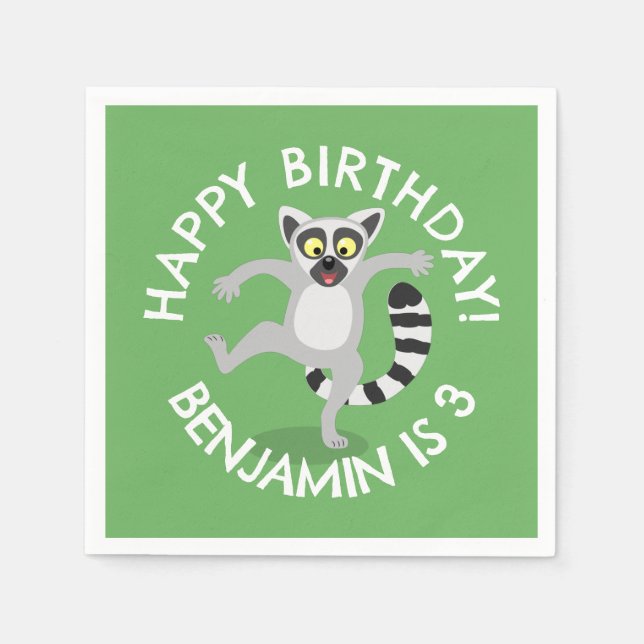 Cute ring tail lemur cartoon personalised birthday napkin (Front)
