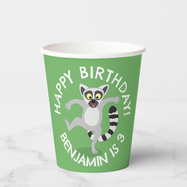 Cute ring tail lemur cartoon personalised birthday paper cups (Front)