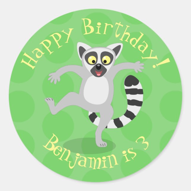 Cute ring tail lemur dancing cartoon illustration classic round sticker (Front)