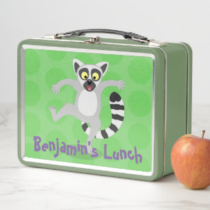 Cute ring tail lemur dancing cartoon illustration metal lunch box