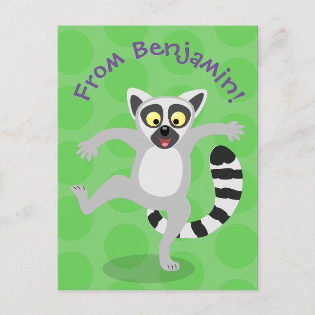 Cute ring tail lemur dancing cartoon illustration postcard (Front)