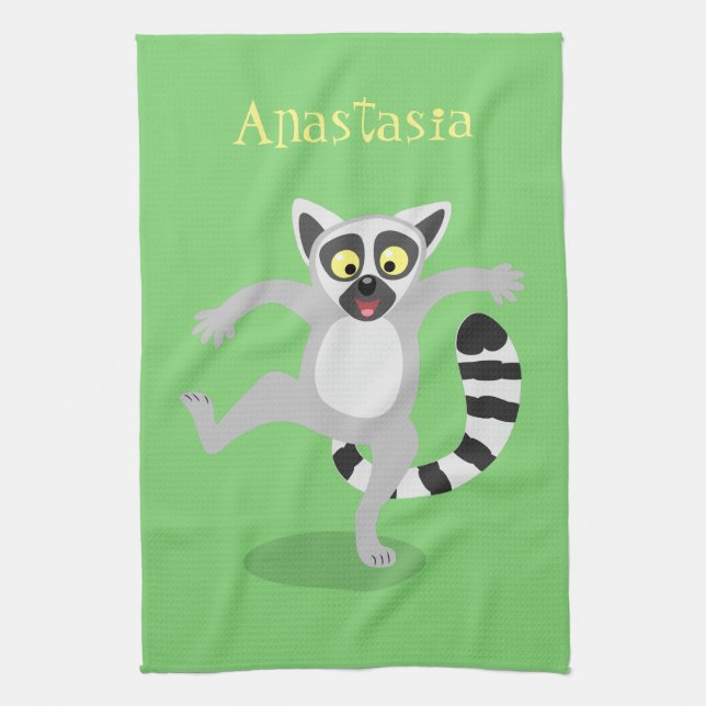 Cute ring tail lemur dancing cartoon illustration tea towel (Vertical)