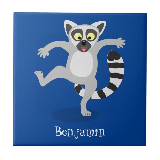 Cute ring tail lemur dancing cartoon illustration tile (Front)
