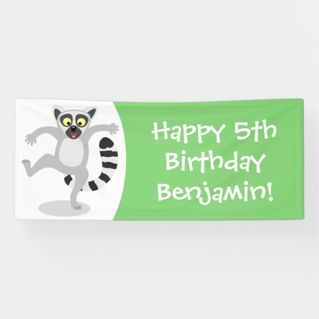 Cute ring tail lemur personalised cartoon birthday banner (Horizontal)