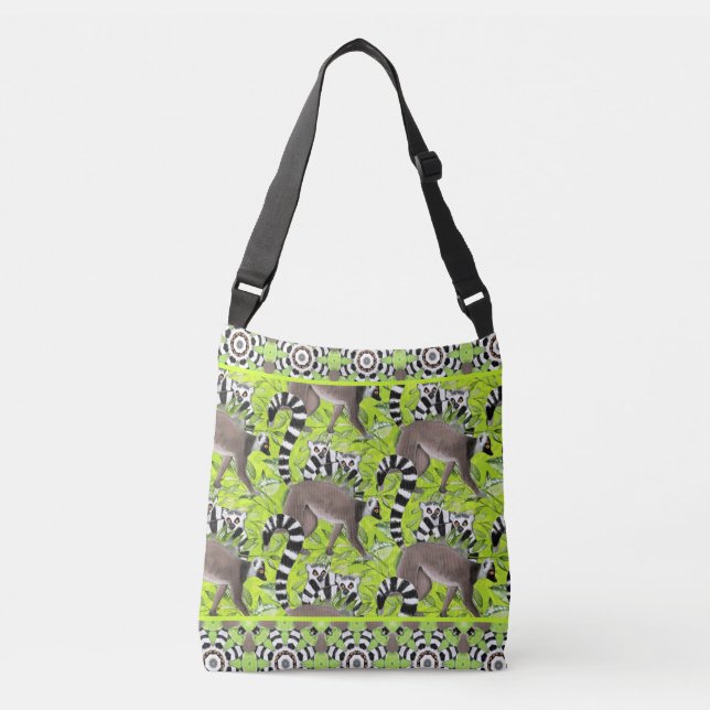 Cute Ring-tailed Lemurs in a Green Forest Crossbody Bag (Front)