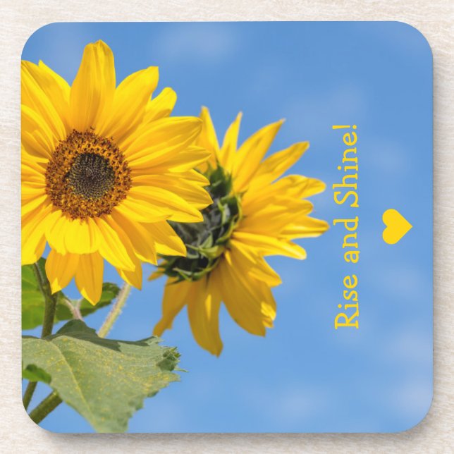 Cute Rise and Shine Sunflowers Upload Photo Text Coaster (Front)