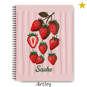 Cute Risograph Strawberries & Stripes Custom Name  Notebook