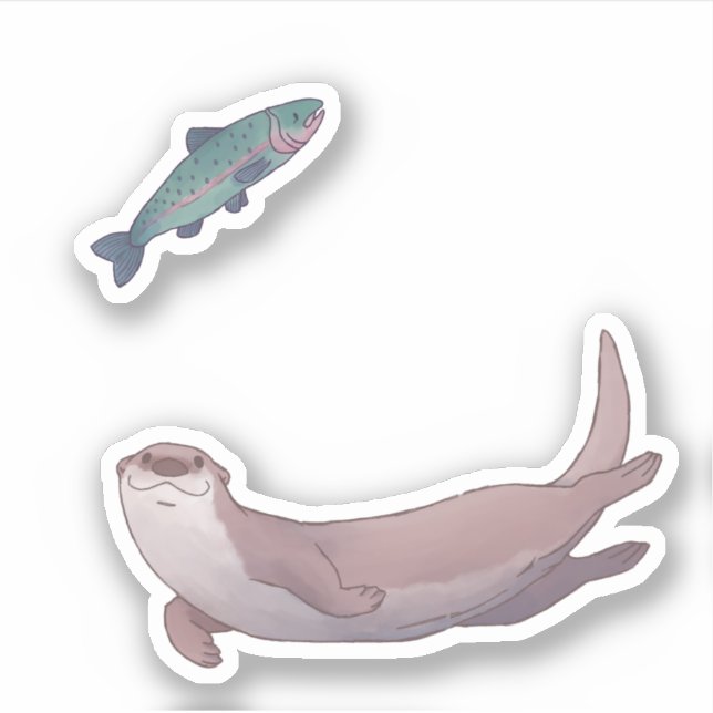 Cute River Otter and Trout Sticker (Front)