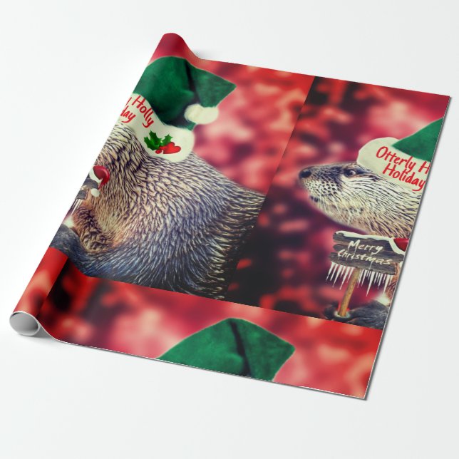 Cute River Otter merry Christmas wrapping paper (Unrolled)