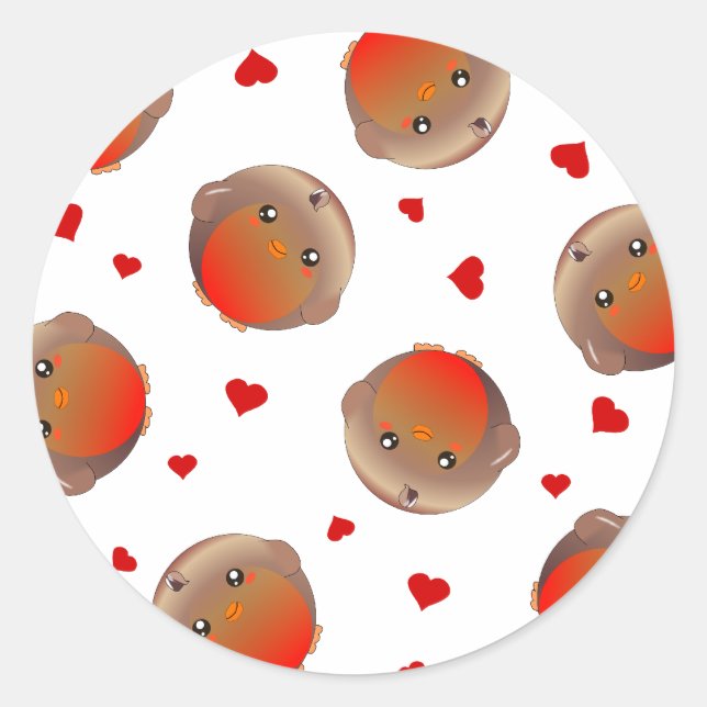 Cute Robin and Red Hearts Design Classic Round Sticker (Front)