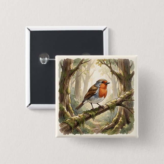 Cute robin bird in old forest 15 cm square badge (Front & Back)