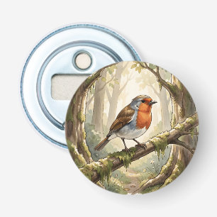 Cute robin bird in old forest bottle opener