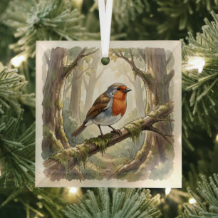Cute robin bird in old forest glass tree decoration