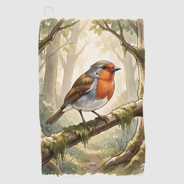 Cute robin bird in old forest golf towel (Front)
