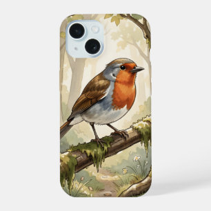 Cute robin bird in old forest iPhone 15 case