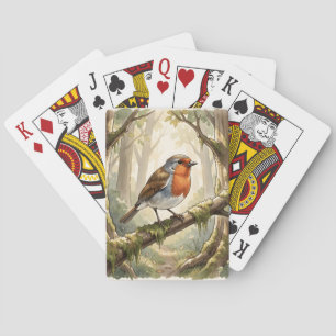 Cute robin bird in old forest playing cards
