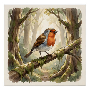 Cute robin bird in old forest poster