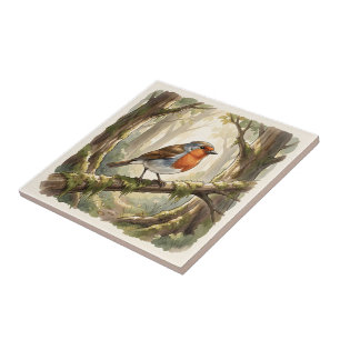 Cute robin bird in old forest tile