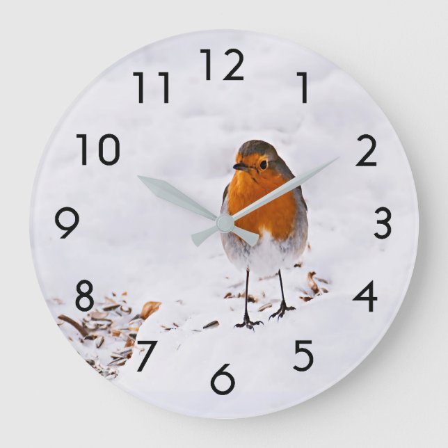 Cute Robin bird in snow Large Clock (Front)