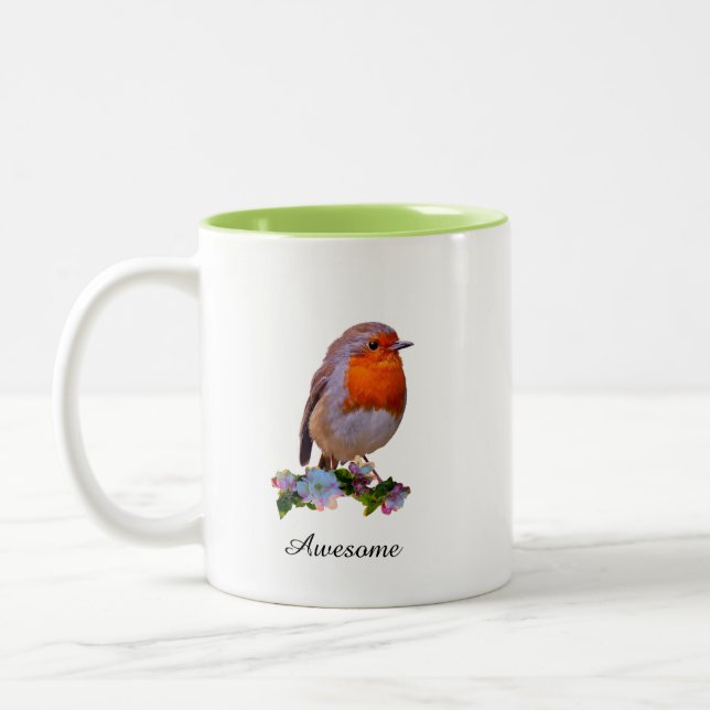 Cute Robin Bird & Personalised Text Two-Tone Coffee Mug (Left)