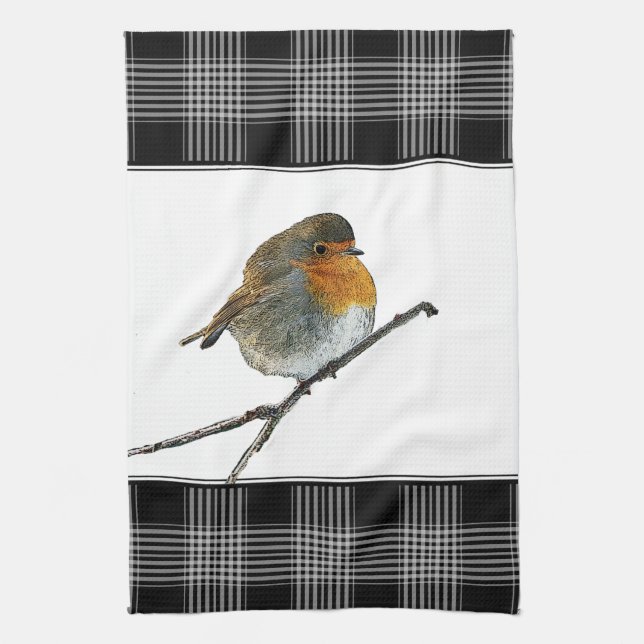 Cute Robin Bird Redbreast buffalol plaid border Tea Towel (Vertical)