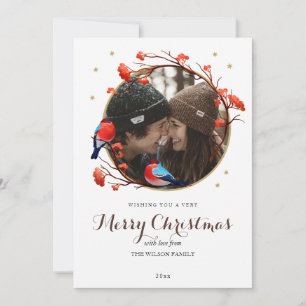 Cute Robin Birds Berries Wreath Christmas Photo Holiday Card