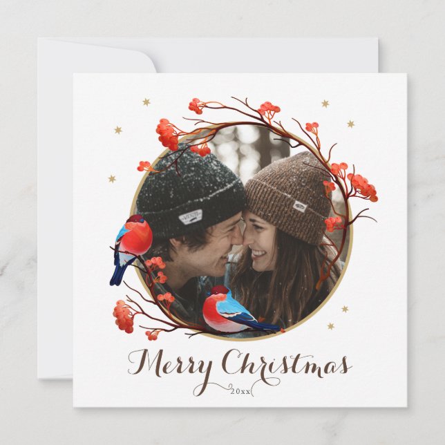 Cute Robin Birds Berries Wreath Christmas Photo Holiday Card (Front)