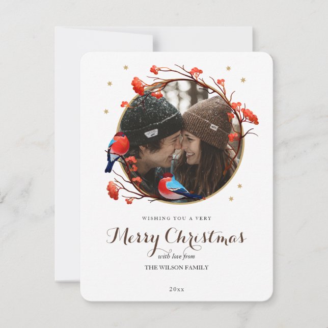 Cute Robin Birds Berries Wreath Christmas Photo Holiday Card (Front)