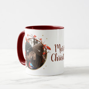Cute Robin Birds Berries Wreath Christmas Photo Mug