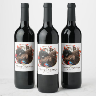 Cute Robin Birds Berries Wreath Christmas Photo Wine Label
