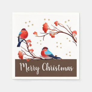 Cute Robin Birds On Red Berry Branch Christmas Napkin