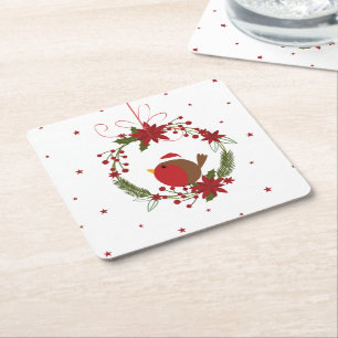 Cute robin Christmas wreath hanging decoration Square Paper Coaster
