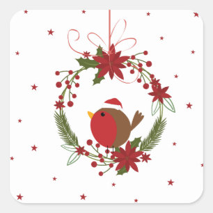 Cute robin Christmas wreath hanging decoration Square Sticker