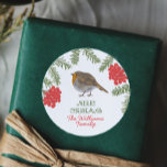 Cute Robin Family Name Christmas Classic Round Sticker<br><div class="desc">Cute robin illustration Christmas stickers. Customisable!</div>
