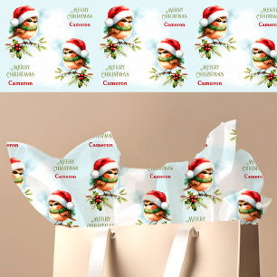 Cute Robin in Santa Hat Christmas Kids Name Text Tissue Paper