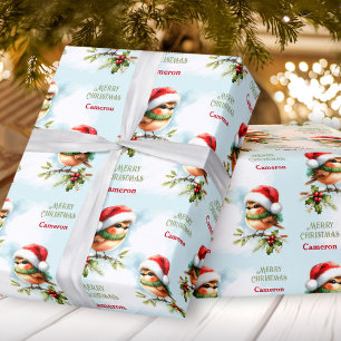 Cute Robin in Santa Hat Christmas Kids Name Text Wrapping Paper