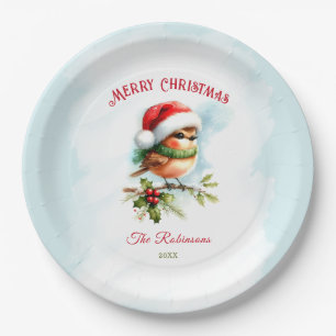 Cute Robin In Santa Hat Classic Blue Red Christmas Paper Plate
