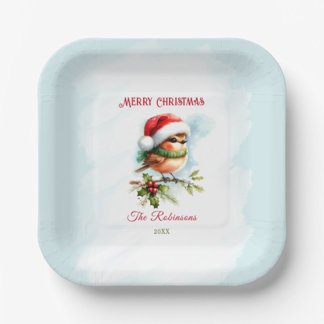 Cute Robin In Santa Hat Classic Christmas Square Paper Plate (Front)