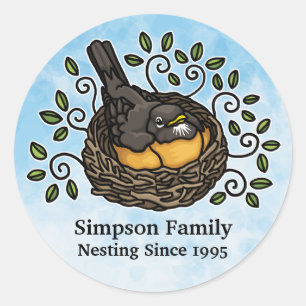 Cute Robin Nesting, Add Your Family Name and Date Classic Round Sticker