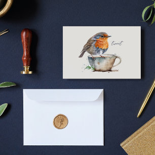 Cute Robin Orange Bird Teacup Watercolor Note Card