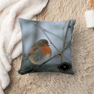 Cute Robin red breast bird monogrammed photo Cushion