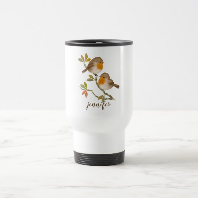 Cute Robin Redbreast Birds Personalised Travel Mug (Center)