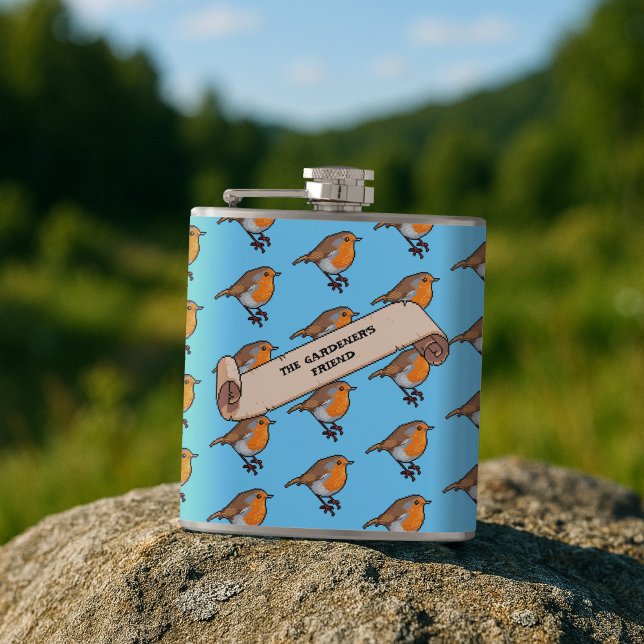 Cute Robin The Gardener's Friend Retro Artwork Hip Flask (Creator Uploaded)