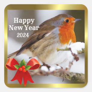 Cute Robin with red bow and holly New Year Square Sticker