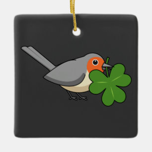 Cute Robin with Shamrock Clover Cartoon Ceramic Ornament