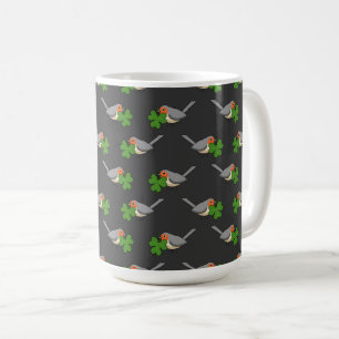 Cute Robin with Shamrock Clover Cartoon Coffee Mug