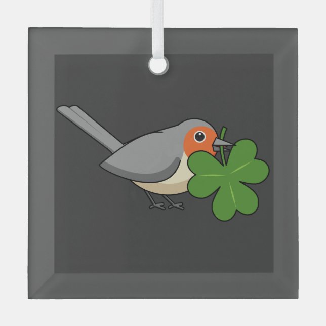 Cute Robin with Shamrock Clover Cartoon Glass Tree Decoration (Front)