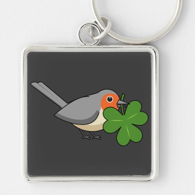 Cute Robin with Shamrock Clover Cartoon Key Ring (Front)