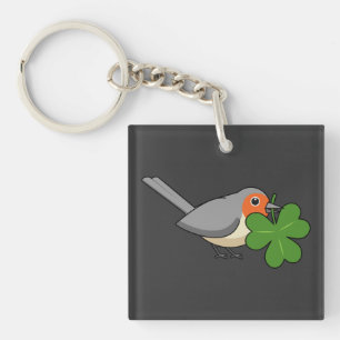 Cute Robin with Shamrock Clover Cartoon Key Ring